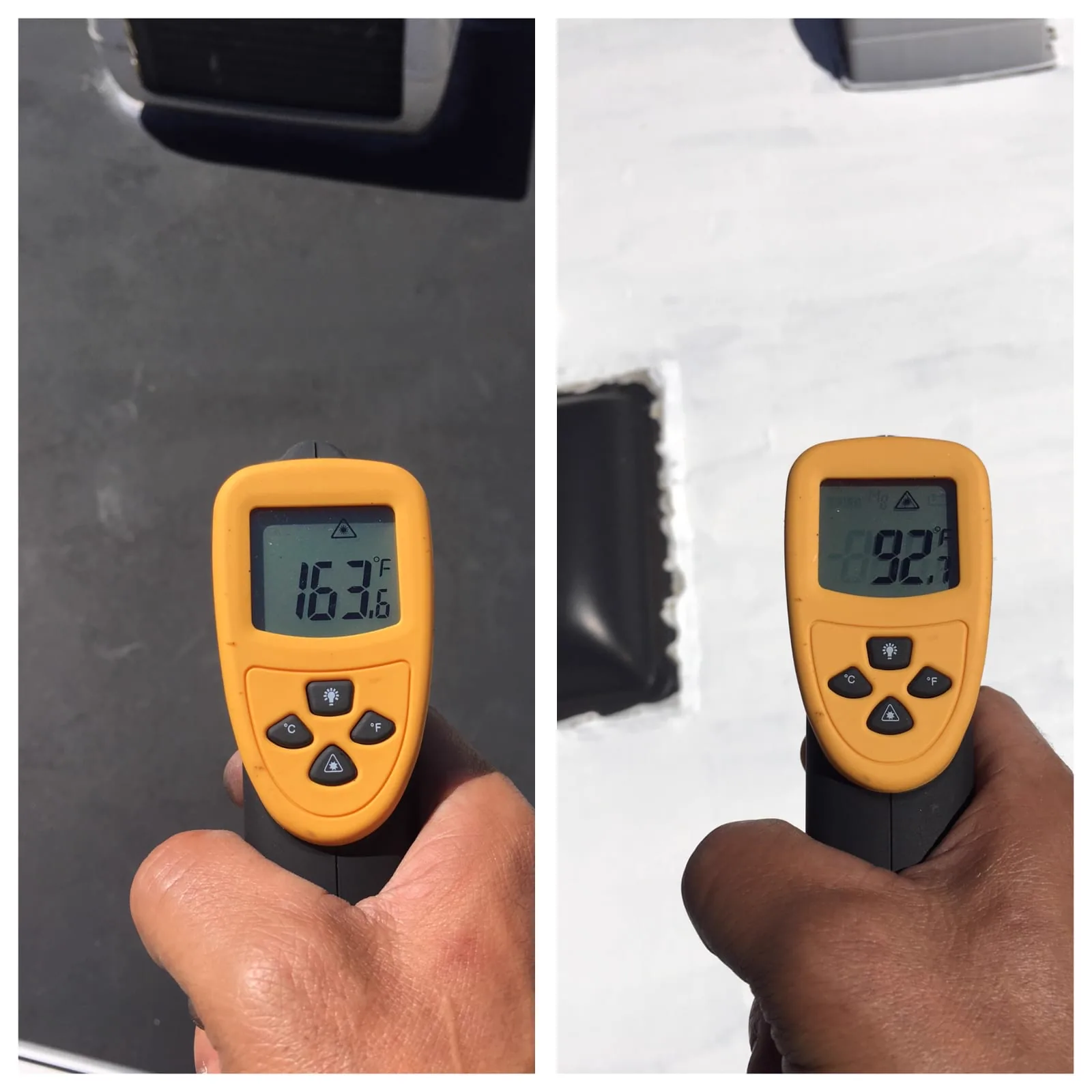 Infrared thermometer comparison: uncoated dark roof at 163.6&deg;F versus reflective white-coated roof at 92.7&deg;F