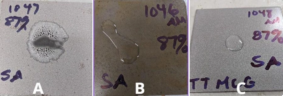 Specimens A, B and C on steel substrates